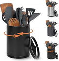 Nigelia Extra Large Kitchen Utensil Holder, 360° Rotating Stainless Steel Cooking Utensil Holder for Countertop, 3 Compartment Flatware Organizer & Cooking Caddy with Removable Base（Black）