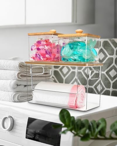 Trash Bag Holder, Acrylic Garbage Bag Dispenser with Bamboo Top