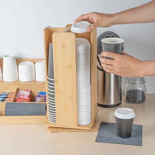 Restaurantware Restpresso 9 x 18 Inch Coffee Cup and Lid Organizer 1 Revolving Cup and Lid Holder - 4 Section Countertop Natural Bamboo Cup and Lid Dispenser For Restaurants Homes or Offices