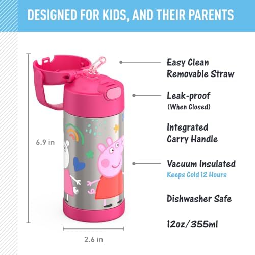 THERMOS FUNTAINER Water Bottle with Straw, 12oz, Peppa Pig