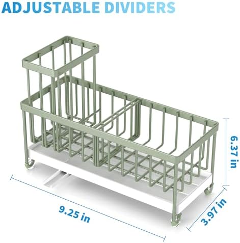 Cisily Sponge Holder for Kitchen Sink, Sink Caddy Organizer with High Brush Holder, Kitchen Countertop Organizers and Storage Essentials, Rustproof 304 Stainless Steel (Sage Green, 9.25″)