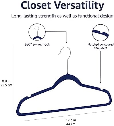 Amazon Basics Slim Velvet Non-Slip Space Saving Suit Clothes Hangers for Closet Organization, Navy Blue/Silver, 50-Pack