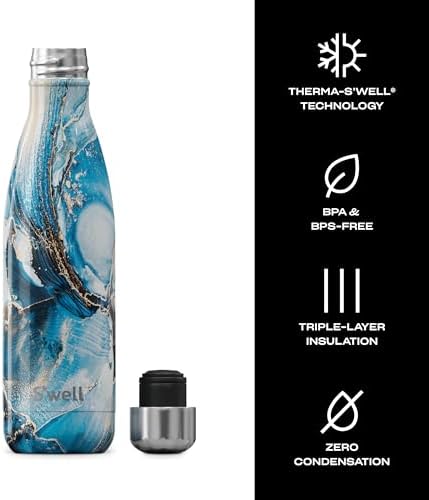 S'well Stainless Steel Water Bottle, 17oz, Ocean Marble, Triple Layered Vacuum Insulated Containers Keeps Drinks Cold for 36 Hours and Hot for 18, BPA Free, Perfect for On the Go