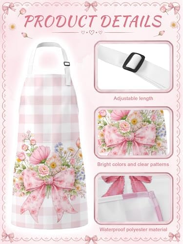 Bencailor 6 Pack Pink Bow Floral Aprons Gifts for Women with Pockets