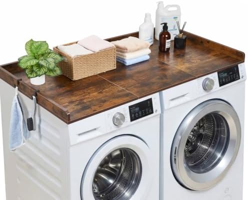 VEVOR Washer Dryer Countertop with 3 Splicing Panels, 54" x 27" Wooden Washer and Dryer Countertop with 2 Hooks, Water-Resistant Laundry Topper for Laundry Room Organization and Storage, Brown