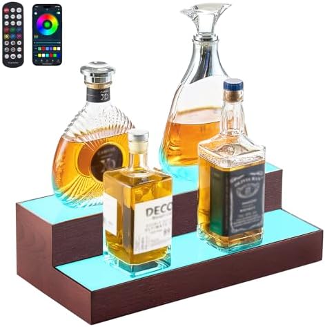 VEVOR LED Lighted Liquor Bottle Display, 2-Tier 16 Inch Whiskey Rack, Supports USB, Illuminated Home Bar Shelf with RF Remote & App Control, 7 Static Colors, Acrylic+ Wood Lighted Shelf for 8 Bottles