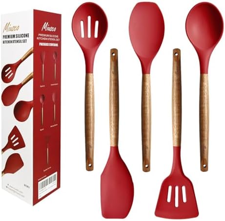 Kitchen Utensils Set, Silicone Cooking Utensils Set,Non-Stick Silicone Spatula Set with Natural Acacia Hard Wood Handle, 5 Piece, Upgraded Thickened Cookware