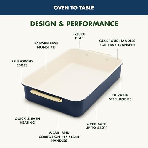 GreenPan Bakeware 13” x 9” Rectangular Cake Pan, Ceramic Nonstick Baking Pan, PFAS & BPA Free, Gold Handles, Durable Steel, Freezer to Oven Dish, Scratch Resistant, Bake & Roast Ovenware, Oxford Blue