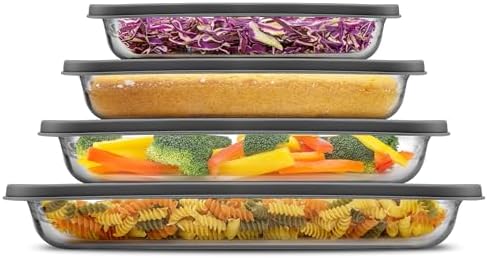 JoyJolt 8-Piece Borosilicate Glass Oven Dishes with Black Lids, Rectangle Deep Glass Baking Dish Set, Baking Pans for Lasagna Casserole Cake, Bakeware Set, Freezer to Oven Tray to Dishwasher