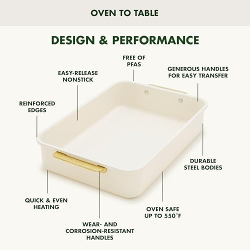 GreenPan Bakeware 13” x 9” Rectangular Cake Pan, Ceramic Nonstick Baking Pan, PFAS & BPA Free, Gold Handles, Durable Steel, Freezer to Oven Dish, Scratch Resistant, Bake & Roast Ovenware, Cream