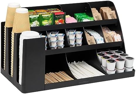 Mind Reader Large Cup and Condiment Station, 14-Compartment Countertop Coffee Organizer for Cups, Lids, Condiments and Supplies, Black