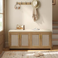 VASAGLE Boho Shoe Bench with Cushion, 4 Rattan-Look Cabinet Doors