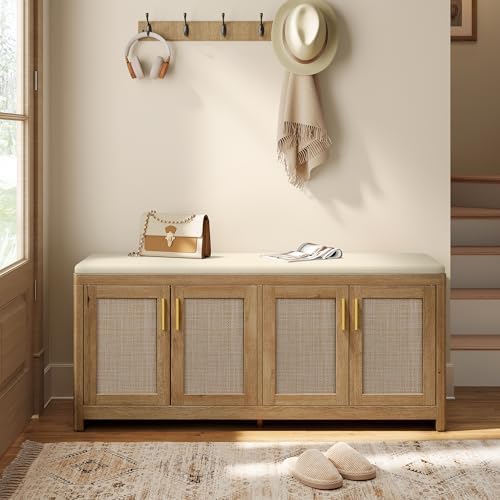 VASAGLE Boho Shoe Bench with Cushion, 4 Rattan-Look Cabinet Doors