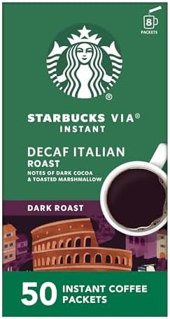 Starbucks VIA Instant Coffee Packets, Single Serve, Dark Roast Coffee, Decaf Italian Roast, 50 Packets