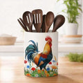 Rooster Ceramic Utensil Crock, Farm Rooster Kitchen Utensil Holder, Farmhouse Countertop Storage Organizer, Country Kitchen Decor Caddy for Spatulas & Baking Gadgets