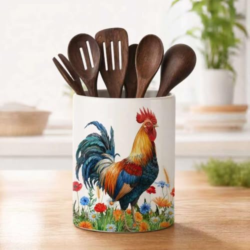 Rooster Ceramic Utensil Crock, Farm Rooster Kitchen Utensil Holder, Farmhouse Countertop Storage Organizer, Country Kitchen Decor Caddy for Spatulas & Baking Gadgets