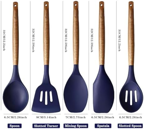 Non-Stick Silicone Kitchen Utensils Set with Natural Acacia Hard Wood Handle, 5 Piece, Midnight Blue, BPA Free, Baking & Serving Silicone Cooking Utensils