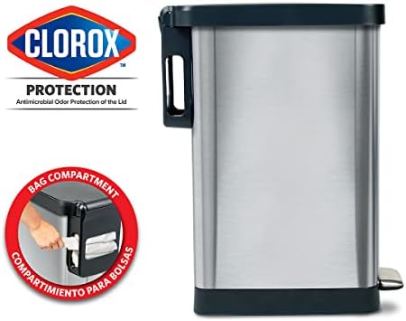 Glad Slim Trash Can with Clorox Odor Protection - Narrow Kitchen Garbage Bin with Soft Close Lid, Step On Foot Pedal and Waste Bag Roll Holder, Stainless Steel, 12 Gallon/45 Liter