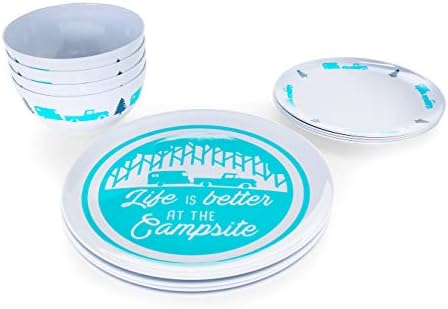 Camco Life is Better at The Campsite Dishware Set | Includes (4) Large Dinner Plates, (4) Small Salad Plates and (4) Bowls | Top Rack Dishwasher Safe | Blue Tree and Truck Design (53294)