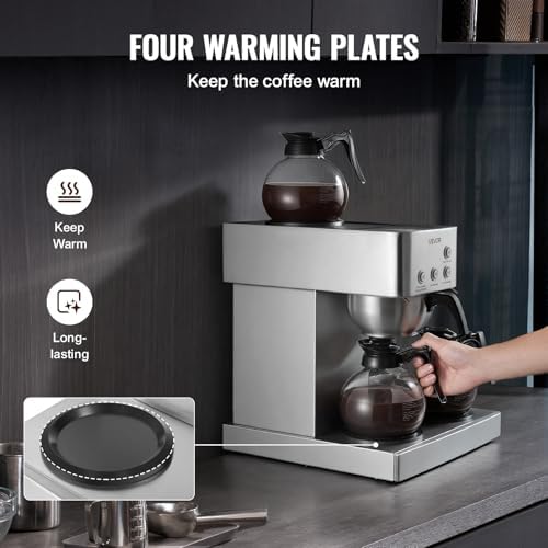 VEVOR Commercial Drip Coffee Maker, 12 Cups Coffee-Maker Machine with 4 Glass Carafes and 4 Decanter Warmer Plates, Stainless Steel Drip Style Coffee Brewer, for Restaurant, Office, Coffee Shop & Home
