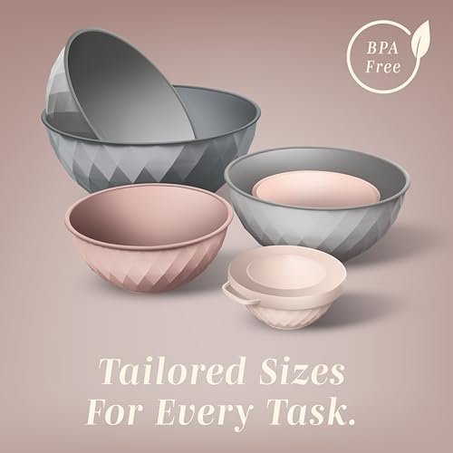 COOK WITH COLOR Mixing Bowls with Lids - 12 Piece Plastic Nesting Bowls Set includes 6 Prep Bowls and 6 Lids, Microwave Safe Mixing Bowl Set, Grey/Pink Diamond