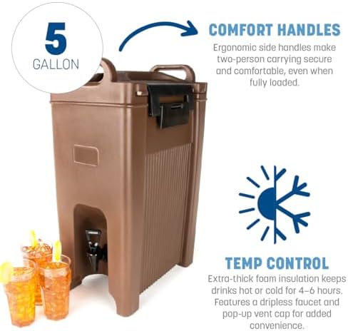 Carlisle FoodService Products 5-Gallon Insulated Beverage Dispenser, Cateraide, Food-Grade with Handles, Rugged PE Shell with PU Insulation for Coffee, Tea and Hot or Cold Drinks, Brown - Made in USA