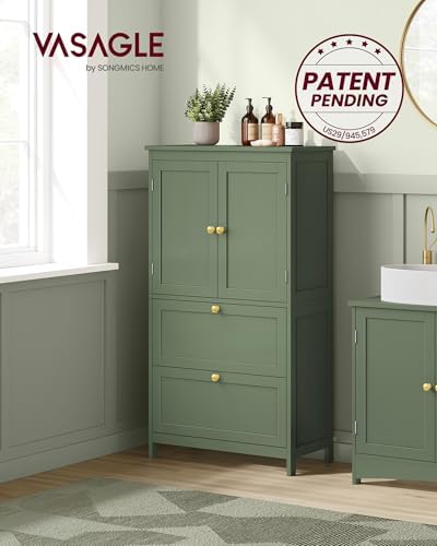 VASAGLE Bathroom Floor Cabinet with 2 Doors, 2 Drawers, Forest Green