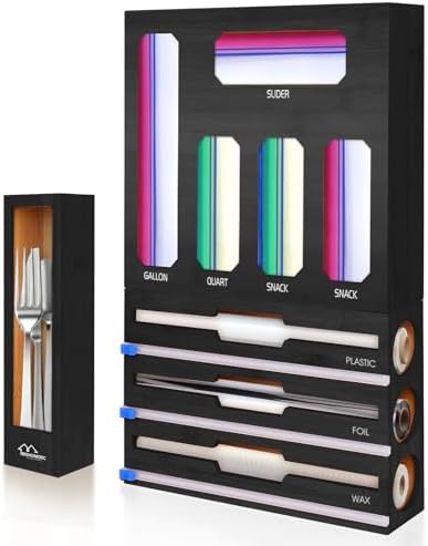 9 in 1 Foil and Plastic Wrap Dispenser with Cutter, Black Bamboo Ziplock Bag Organizer for Drawer - Holds Gallon, Quart Bags & Aluminum Foil/Wax Paper, Wall Mountable Kitchen Storage