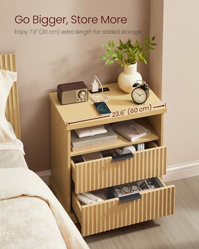 VASAGLE Set of 2 Nightstands with Charging Station, 2 Drawers, Open Shelf