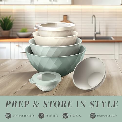 COOK WITH COLOR Mixing Bowls with Lids - 12 Piece Plastic Nesting Bowls Set includes 6 Prep Bowls and 6 Lids, Microwave Safe Mixing Bowl Set, Mint Diamond