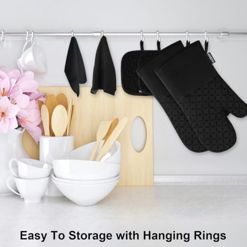 KEGOUU Oven Mitts and Pot Holders 6pcs Set, Kitchen Oven Glove High Heat Resistant 500 Degree Extra Long Oven Mitts and Potholder with Non-Slip Silicone Surface for Cooking (Black)