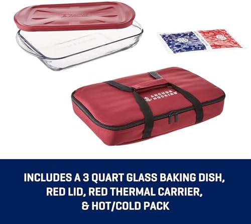 Anchor Hocking Glass Baking Dishes for Oven with Casserole Carrier, 4 Piece Set (3 Quart Glass Baking Dish, Red Lid, Red Thermal Carrier, and Hot/Cold Pack)