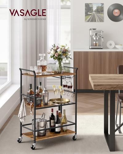 VASAGLE Bar Cart with Wheels, Drink Cart with Wine Rack and Glass Holder