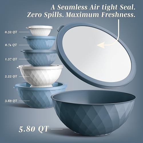 COOK WITH COLOR Mixing Bowls with Lids - 12 Piece Plastic Nesting Bowls Set includes 6 Prep Bowls and 6 Lids, Microwave Safe Mixing Bowl Set, Denim Diamond