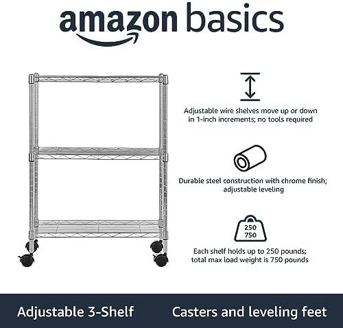 Amazon Basics 3-Shelf Heavy Duty Adjustable Wire Shelving Storage Rack on 2" PP Plastic Wheel Casters, Steel Utility Shelving Unit for Garage and Laundry Room, 23.2" x 13.4" x 32.75", Chrome