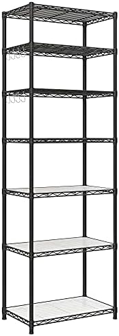 SONGMICS 7-Tier Storage Shelves, Adjustable Wire Shelving Unit, 8 Hooks