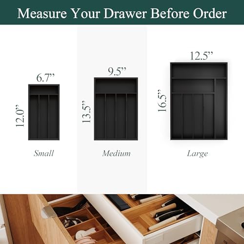 Silverware Organizer, Bamboo Kitchen Drawer Organizer, Utensil Holder, Cutlery Tray & Spoon Flatware Storage with Grooved Drawer Dividers (Black, 12''W x 16.5''D)