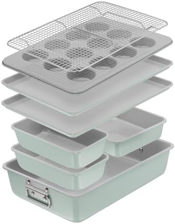 T-fal Refresh Ceramic Nonstick Baking Pans Set (8 Pc), Roaster, 12-Cup for Muffins, Loaf Trays, Baking Sheets Non Stick, Cooling Cooking Rack, Stackable Bakeware Set, Mint Green