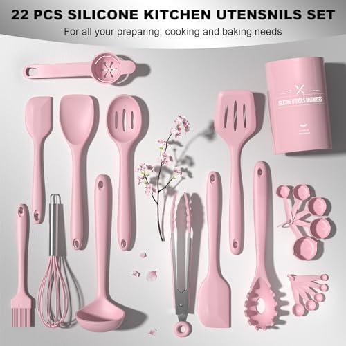 Umite Chef 22-Piece Silicone Cooking Utensils Set, Heat Resistant & Dishwasher Safe Kitchen Tools, Non-Scratch Spatula Set for Nonstick Cookware (Pink)