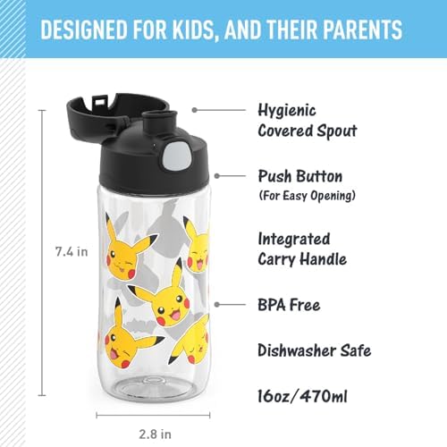THERMOS FUNTAINER 16oz Plastic Bottle with Spout Lid, Pokemon