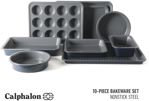 Calphalon Legacy 10-Pieces Nonstick Bakeware Set PFOA-Free, Baking Sheet Set, Carbon Steel Bakeware Pans Collection, High-Heat Oven Safe, for Cookies, Cakes, and Muffins -Blue/Grey Interior
