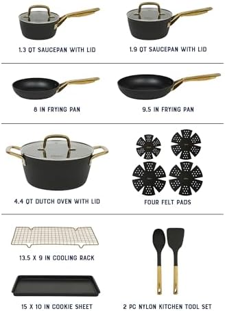 Oster Platinum Abbottsford 16 Piece Aluminum Pots and Pans PFA Free Ceramic Non stick Induction Kitchen Cookware Set - Black W/Gold
