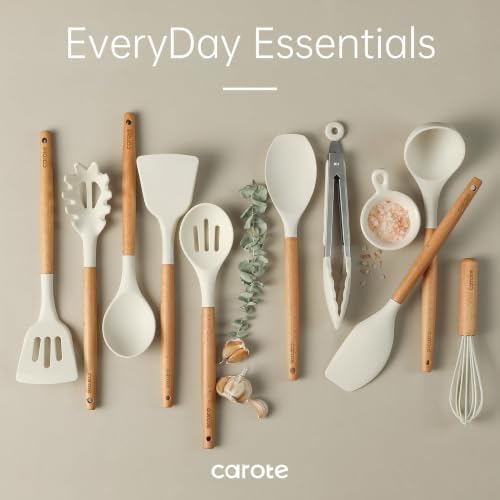 CAROTE 10-Piece Kitchen Utensils Set with Wood Cool-Touch Handles, Cream