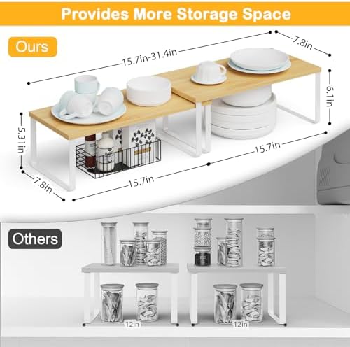 OGEMXU Cabinet Shelf Organizers, 15.7 inches Large Kitchen Counter Shelf, Set of 2 Wood Kitchen Pantry Organizer, Storage Shelves for Countertop, Spice Rack, Stackable, Expandable, Metal White, Nature