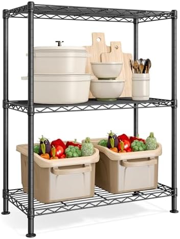 SONGMICS 3-Tier Storage Shelves, Adjustable Wire Shelving Unit, 8 Hooks