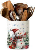 Christmas Snowman Ceramic Utensil Crock, Farmhouse Xmas Kitchen Utensil Holder, Christmas Decor Caddy for Spatulas & Baking Gadgets Storage Organizer, Winter Snowman with Cardinal Birds