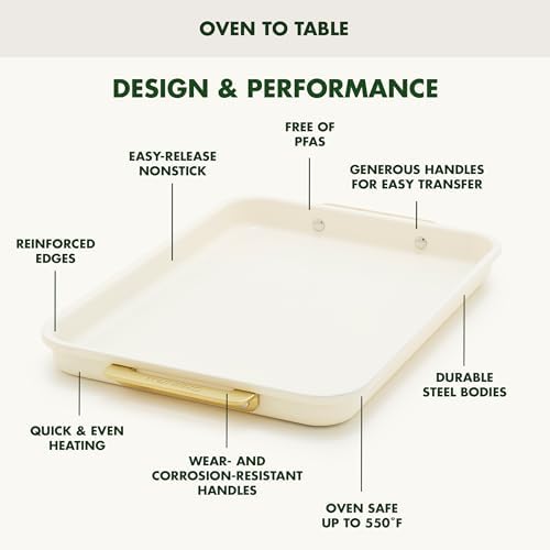 GreenPan Bakeware 13" x 9" Quarter Sheet Pan, Ceramic Nonstick Baking Pan, PFAS & BPA Free, Gold Handles, Durable Steel, Versatile & Space Saving Ovenware, Freezer to Oven Dish, Cream