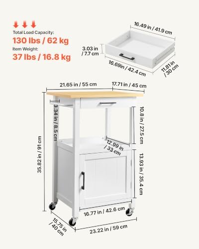 VEVOR Kitchen Island Cart with Single Door Cabinet, Mobile Carts with Drawer, Towel Rack, Hooks, Portable Table on Swivel Wheels, Small Coffee Islands Microwave Stand for Dining Room, 18x23 in, White