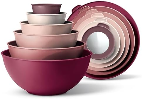 COOK WITH COLOR Mixing Bowls with Lids - 12 Piece Plastic Nesting Bowls Set includes 6 Prep Bowls and 6 Lids, Microwave Safe Mixing Bowl Set, Rose TPR Lid