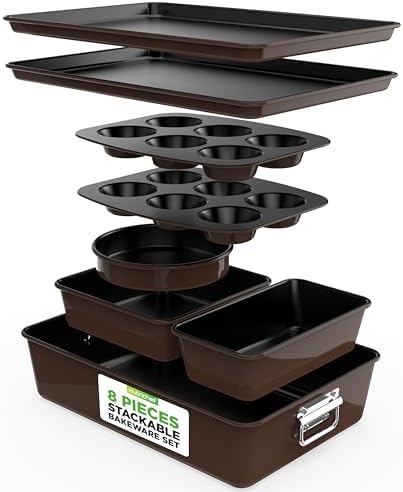 NutriChef 8-Piece Nonstick Stackable Bakeware Set – Non Toxic Carbon Steel Baking Trays W/Cookies Sheet Muffin, Loaf, Cake, Round & Square Pan – Easy To clean & Easy to Release, Oven Safe – Brown